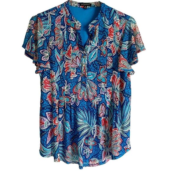 Ava & Grace Short Sleeve Quarter Button Lined Floral Top Women's Medium NEW - Picture 1 of 9